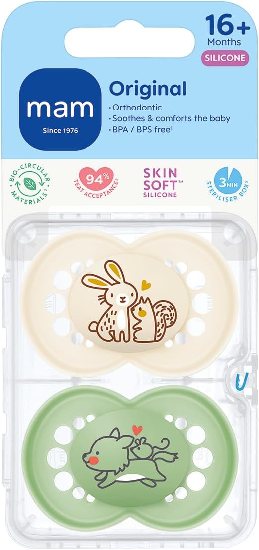 MAM Original Soothers | 18-36 Months | Pack of 2 | Comes in Dummy Steriliser Box | Sustainable Materials | Baby Accessories | Cream (Various Designs)