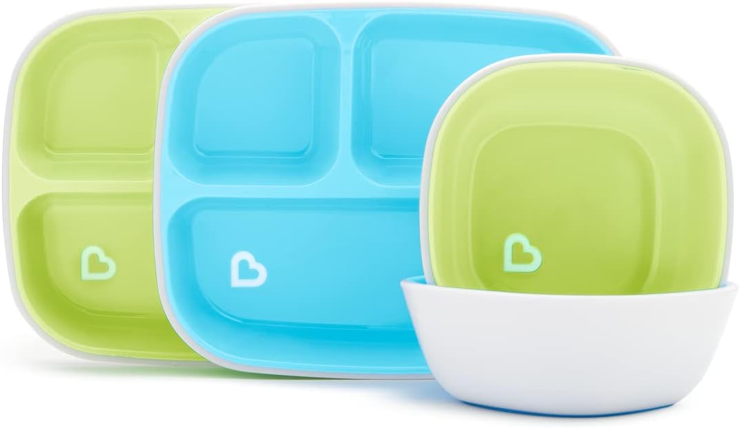 Munchkin 4 Piece Toddler Divided Plate & Bowl Dining Set - Baby Weaning Dishes for 6+ Months, BPA Free - Blue/Green