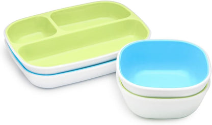 Munchkin 4 Piece Toddler Divided Plate & Bowl Dining Set - Baby Weaning Dishes for 6+ Months, BPA Free - Blue/Green
