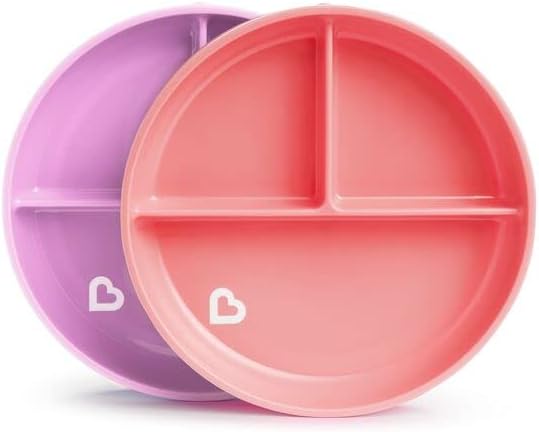 Munchkin Stay Put Divided Plates| Kids Divided Plate Set| Baby & Toddler Plate with Compartments|Suction Plate for Babies 6 Months & Over| BPA Free Plate| Baby Weaning Plate| 2 Pack| Pink/Purple
