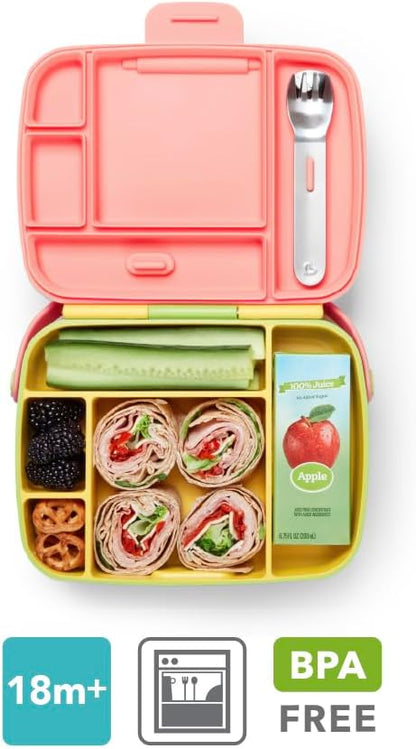 Munchkin Bento Lunch Box for Babies and Toddlers|Lunchbox with Divided Sections| Baby and Childrens 5 Compartment and Cutlery Food Container for Childcare and School | Yellow
