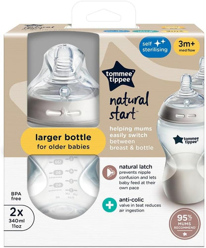 Tommee Tippee Natural Start Baby Bottles for 3m+, Pack of 4 340ml Baby Bottles, with Slow Flow Breast-Like Teat for a Natural Latch, Self-Sterilising and BPA Free, Baby Feeding Essentials