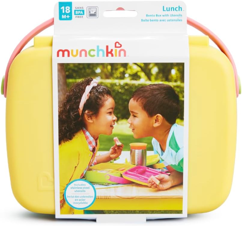 Munchkin Bento Lunch Box for Babies and Toddlers|Lunchbox with Divided Sections| Baby and Childrens 5 Compartment and Cutlery Food Container for Childcare and School | Yellow