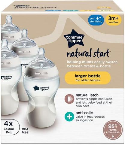 Tommee Tippee Natural Start Baby Bottles for 3m+, Pack of 4 340ml Baby Bottles, with Slow Flow Breast-Like Teat for a Natural Latch, Self-Sterilising and BPA Free, Baby Feeding Essentials