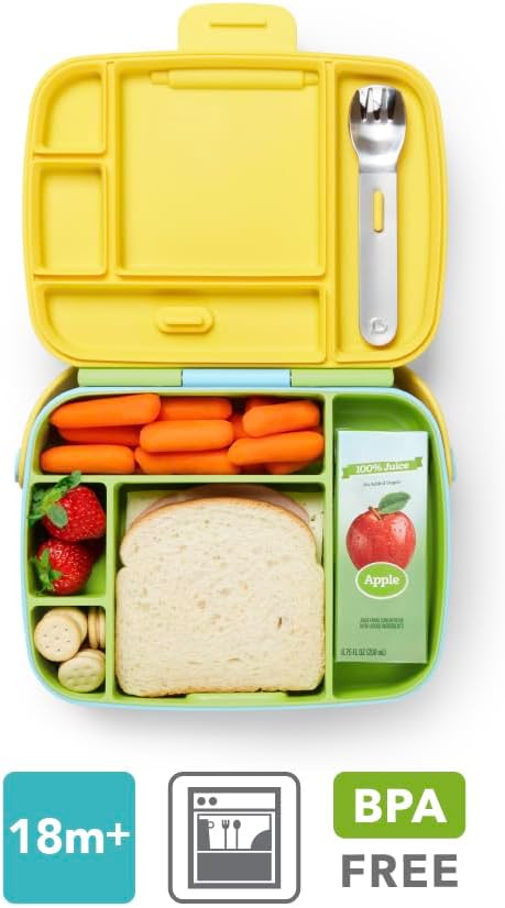 Munchkin Bento Lunch Box for Babies and Toddlers|Lunchbox with Divided Sections| Baby and Childrens 5 Compartment and Cutlery Food Container for Childcare and School | Yellow
