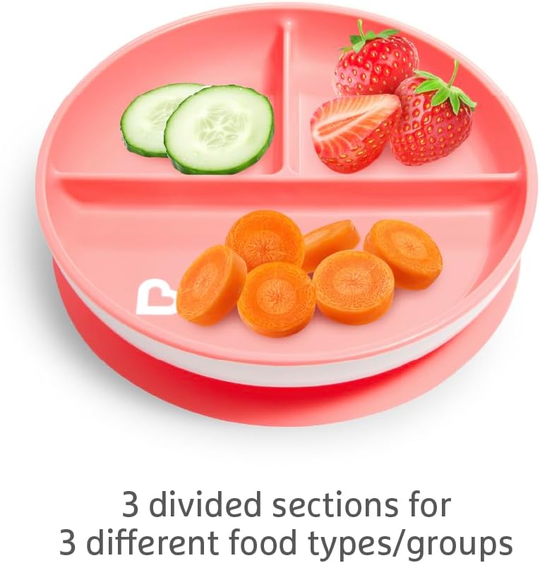 Munchkin Stay Put Divided Plates| Kids Divided Plate Set| Baby & Toddler Plate with Compartments|Suction Plate for Babies 6 Months & Over| BPA Free Plate| Baby Weaning Plate| 2 Pack| Pink/Purple