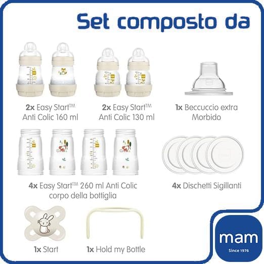 Mam Easy Start Anti-Colic Baby Bottle, 8 Bottles in 130 ml, 160 ml and 260 ml Sizes, 1 Start Nano, 4 Sealant Discs, 1 Extra Soft Grip Spout, Assorted Colour, 7-30 g