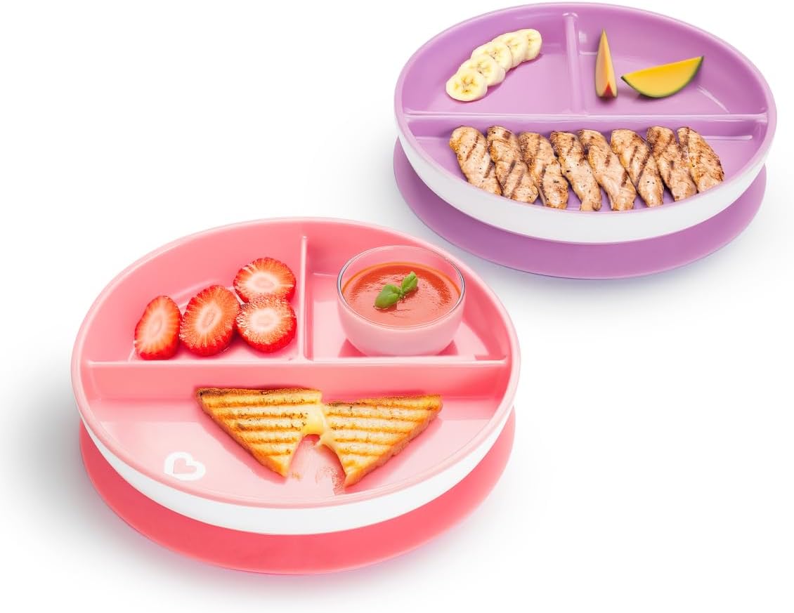 Munchkin Stay Put Divided Plates| Kids Divided Plate Set| Baby & Toddler Plate with Compartments|Suction Plate for Babies 6 Months & Over| BPA Free Plate| Baby Weaning Plate| 2 Pack| Pink/Purple