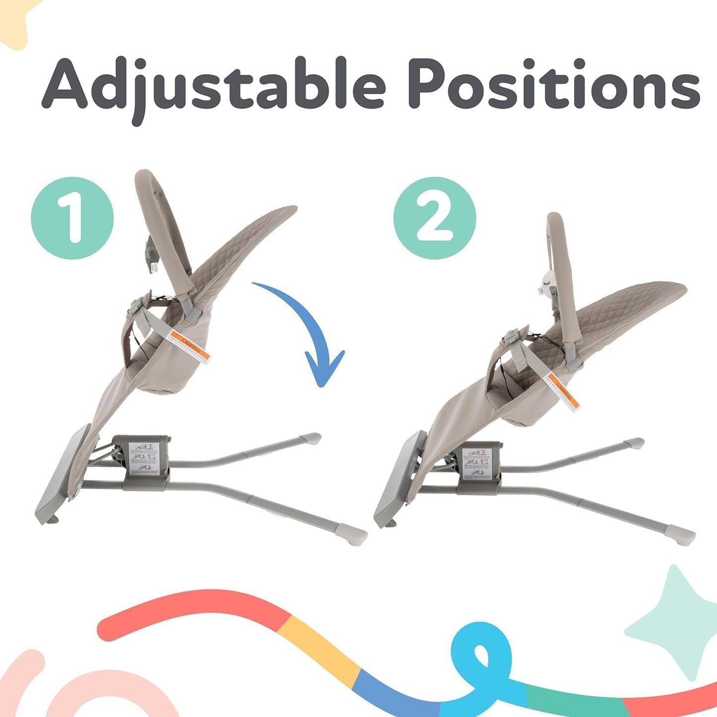 Nuby Musical Moves Baby Bouncer – 2 Reclining Positions | Music & Vibration | Toy Bar | Machine Washable Cover | Suitable from Birth up to 9kg