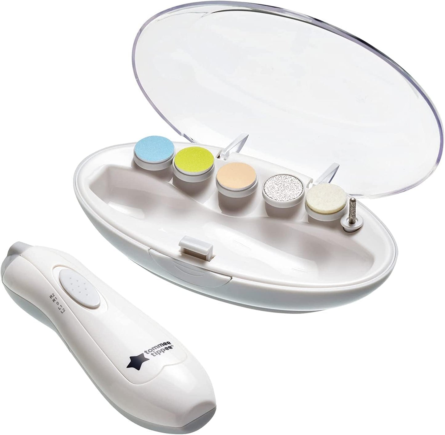 Tommee Tippee Electric Baby Nail File, with Six Filing Heads for Baby and Adult Use, Battery-Powered Infant Nail Clipper with LED Light and Adjustable Speed and Direction Settings