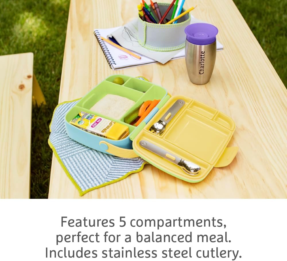 Munchkin Bento Lunch Box for Babies and Toddlers|Lunchbox with Divided Sections| Baby and Childrens 5 Compartment and Cutlery Food Container for Childcare and School | Yellow