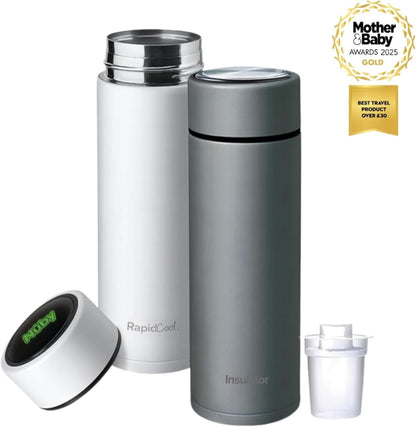 Nuby RapidCool Portable Baby Bottle Making Kit - Prepare A Perfect Formula Feed in 2 Minutes | Includes: 2 Rapid Cool's with 2 Digital Thermometer Lids, 2 Powder Dispensers & Flask