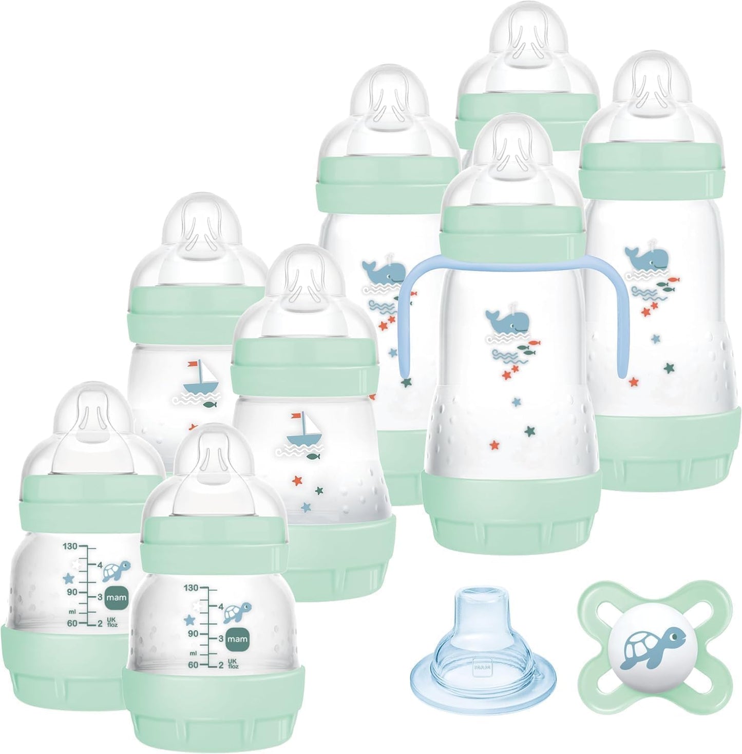Mam Easy Start Anti-Colic Baby Bottle, 8 Bottles in 130 ml, 160 ml and 260 ml Sizes, 1 Start Nano, 4 Sealant Discs, 1 Extra Soft Grip Spout, Assorted Colour, 7-30 g