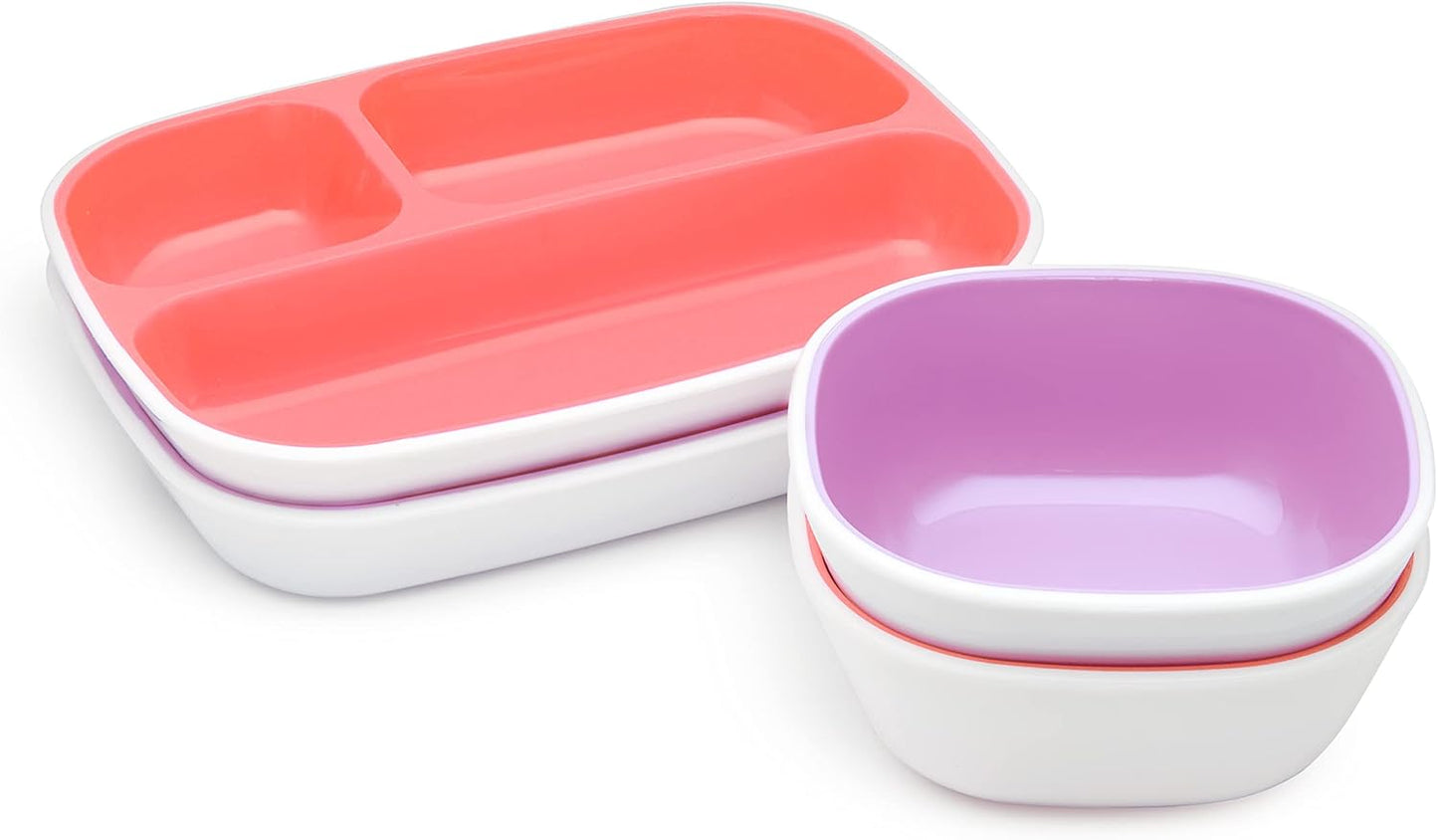 Munchkin 4 Piece Toddler Divided Plate & Bowl Dining Set - Baby Weaning Dishes for 6+ Months, BPA Free - Blue/Green