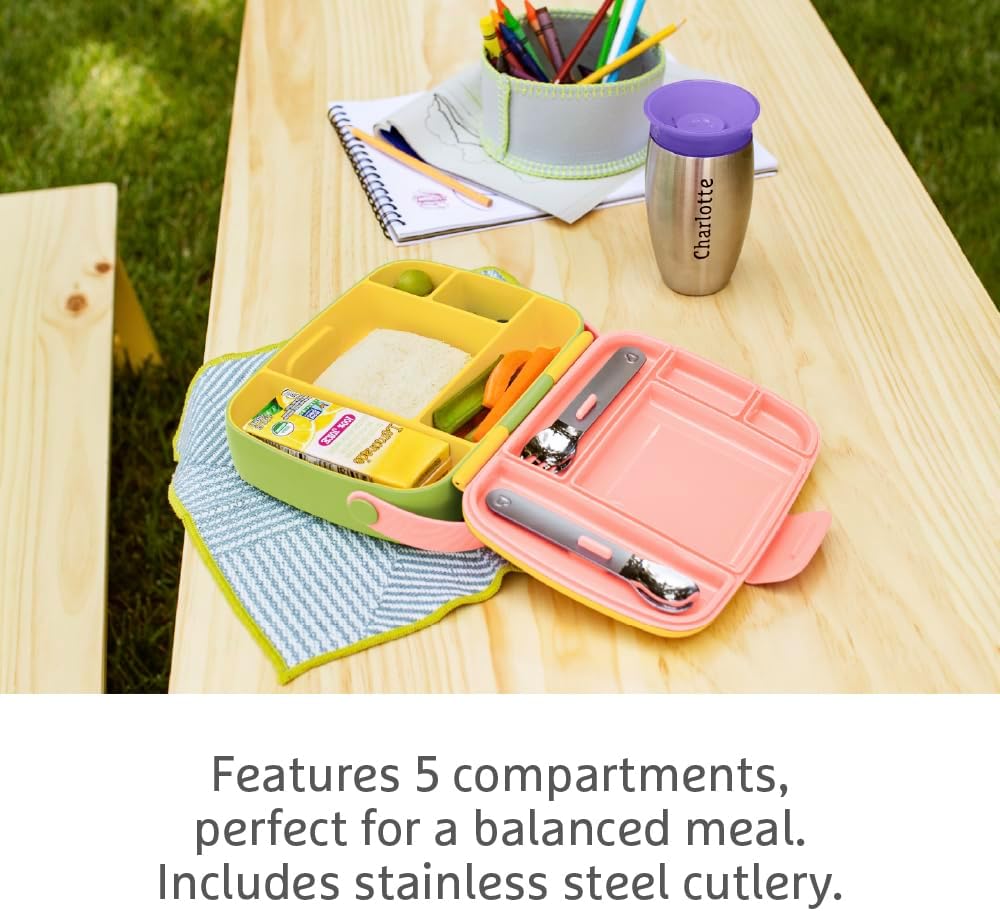 Munchkin Bento Lunch Box for Babies and Toddlers|Lunchbox with Divided Sections| Baby and Childrens 5 Compartment and Cutlery Food Container for Childcare and School | Yellow