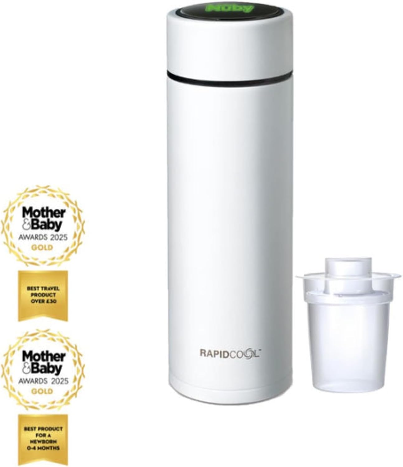 Nuby RapidCool Portable Baby Bottle Making Kit - Prepare A Perfect Formula Feed in 2 Minutes | Includes: 2 Rapid Cool's with 2 Digital Thermometer Lids, 2 Powder Dispensers & Flask