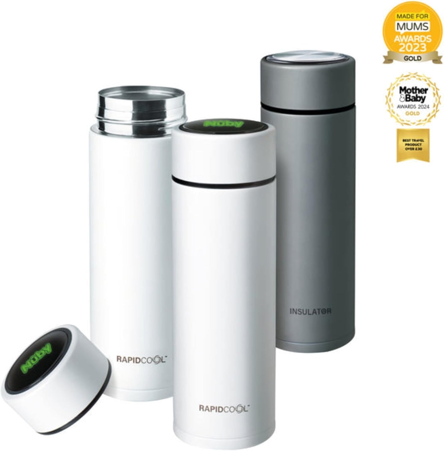 Nuby RapidCool Portable Baby Bottle Making Kit - Prepare A Perfect Formula Feed in 2 Minutes | Includes: 2 Rapid Cool's with 2 Digital Thermometer Lids, 2 Powder Dispensers & Flask