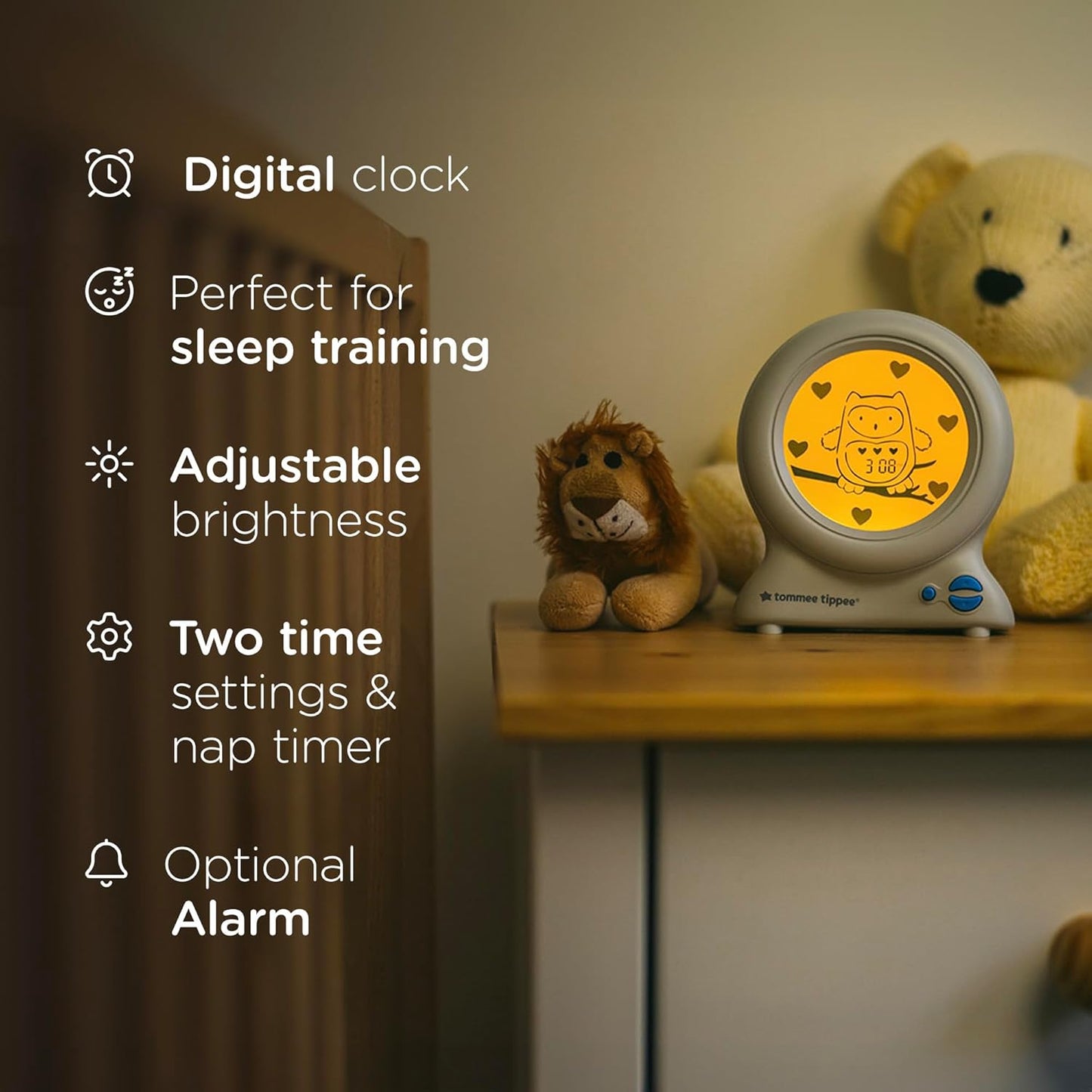 Tommee Tippee Groclock Sleep Trainer Clock, Alarm Clock and Nightlight for Young Children, USB-Powered