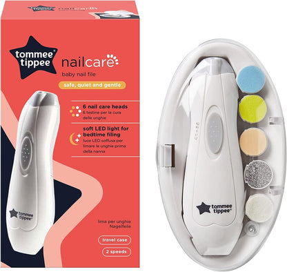 Tommee Tippee Electric Baby Nail File, with Six Filing Heads for Baby and Adult Use, Battery-Powered Infant Nail Clipper with LED Light and Adjustable Speed and Direction Settings