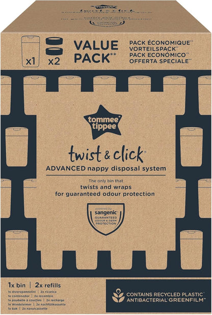 Tommee Tippee Twist & Click Nappy Bin, Exclusive Pack with 2 Refill Cassettes (1 Pre-Loaded, 1 Extra), Guaranteed Odour & Germ Protection, Large Capacity, Pack May Vary