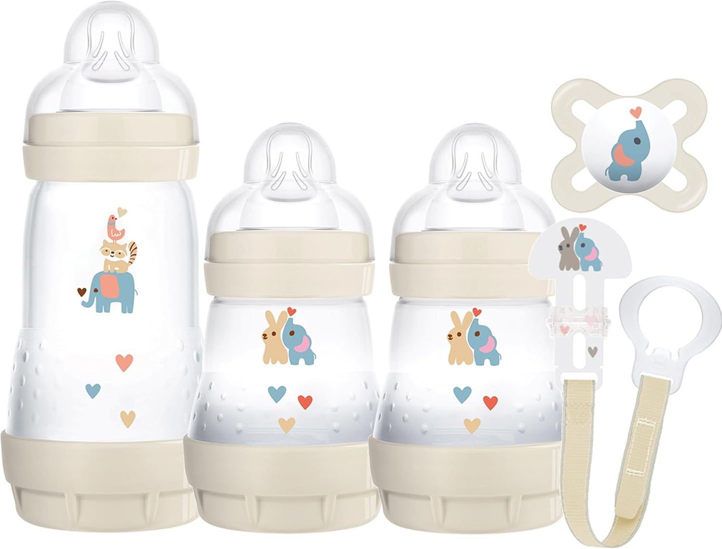 MAM Welcome to The World Set | Baby Gift Set with 3X Feeding Bottles, 0-2 Month Soother and MAM Dummy Clip | Baby Accessories for Newborn | Grey (Various Designs)
