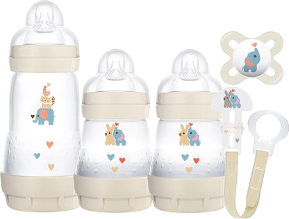 MAM Welcome to The World Set | Baby Gift Set with 3X Feeding Bottles, 0-2 Month Soother and MAM Dummy Clip | Baby Accessories for Newborn | Grey (Various Designs)