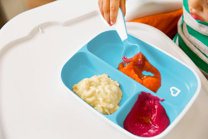 Munchkin 4 Piece Toddler Divided Plate & Bowl Dining Set - Baby Weaning Dishes for 6+ Months, BPA Free - Blue/Green