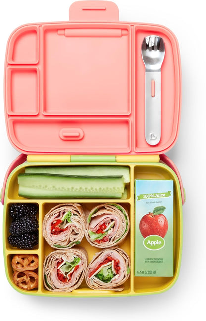 Munchkin Bento Lunch Box for Babies and Toddlers|Lunchbox with Divided Sections| Baby and Childrens 5 Compartment and Cutlery Food Container for Childcare and School | Yellow