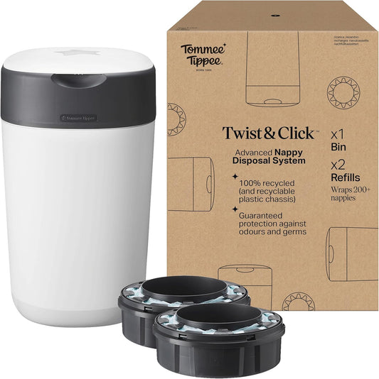 Tommee Tippee Twist & Click Nappy Bin, Exclusive Pack with 2 Refill Cassettes (1 Pre-Loaded, 1 Extra), Guaranteed Odour & Germ Protection, Large Capacity, Pack May Vary