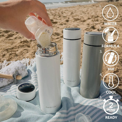 Nuby RapidCool Portable Baby Bottle Making Kit - Prepare A Perfect Formula Feed in 2 Minutes | Includes: 2 Rapid Cool's with 2 Digital Thermometer Lids, 2 Powder Dispensers & Flask